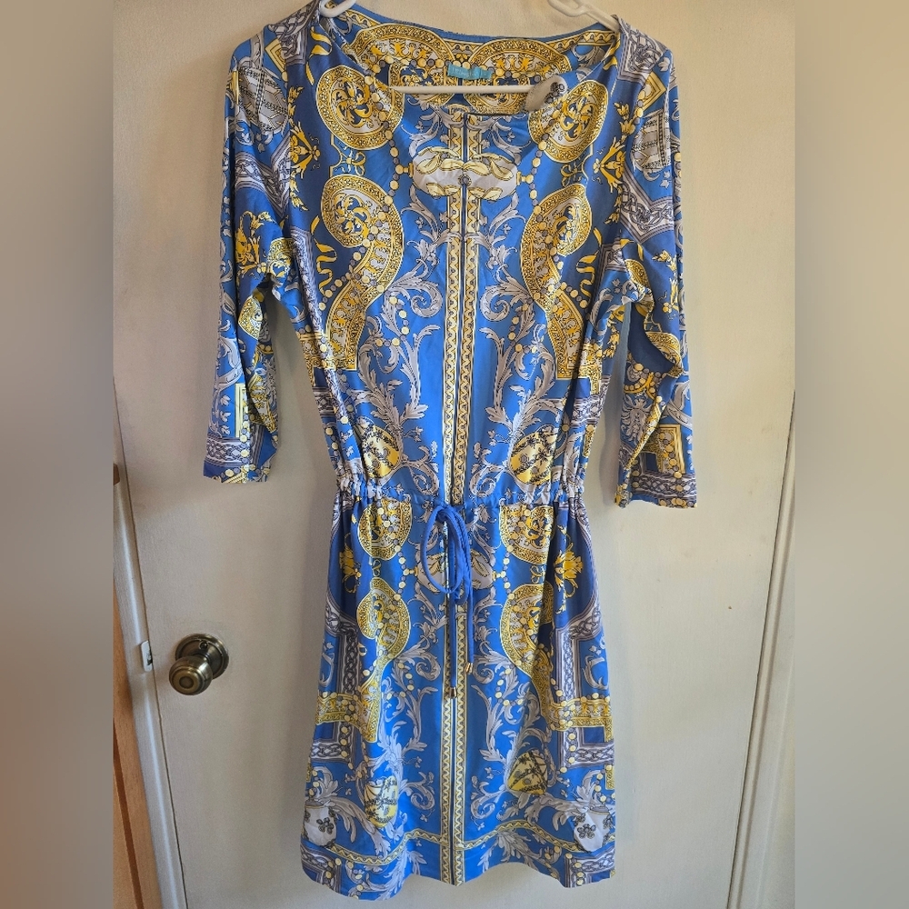 J McLaughlin Tie Waist Elegant Blue and Gold Women's Dress